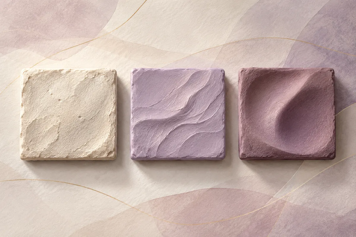 Three clay tiles side by side: one matte and rough, one with fine creases, one with a soft hollow