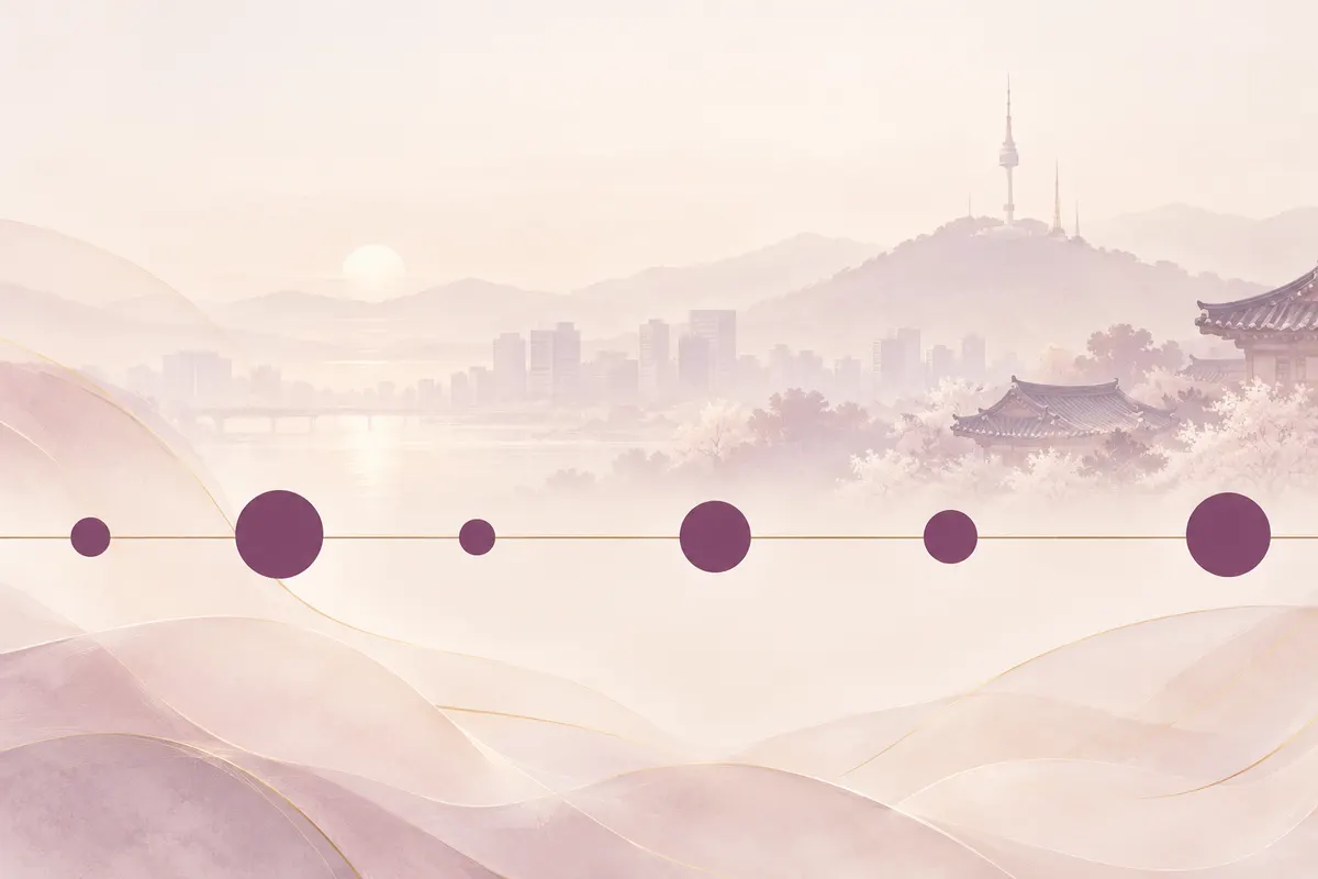 A row of plum circles spaced along a line, with a faint Seoul skyline of Namsan Tower and hanok rooftops behind