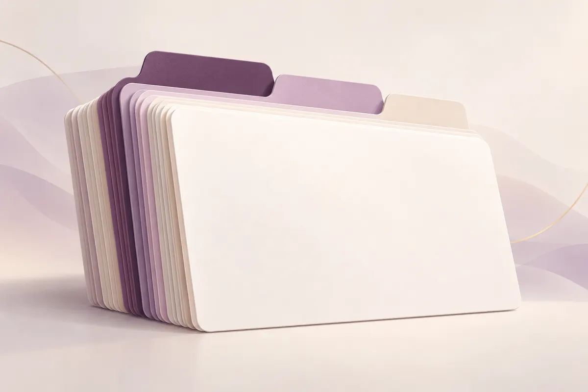 A stack of blank index cards with plum, lilac and pearl tabs