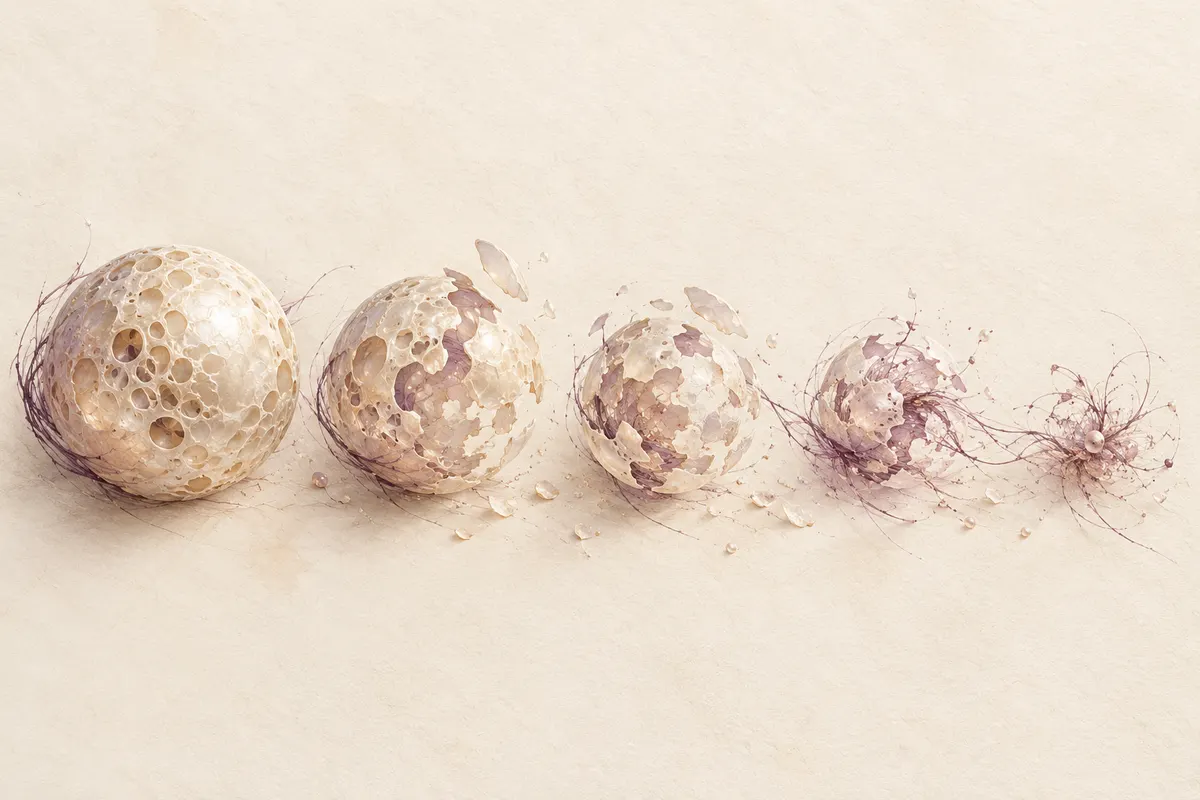 A row of porous spheres shrinking from whole to small fragments, left to right, beside fine plum fibres