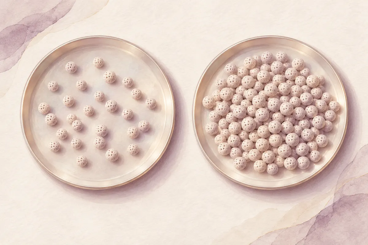 Two round pearl trays, one with a sparse scatter of beads and one with a dense heap of beads