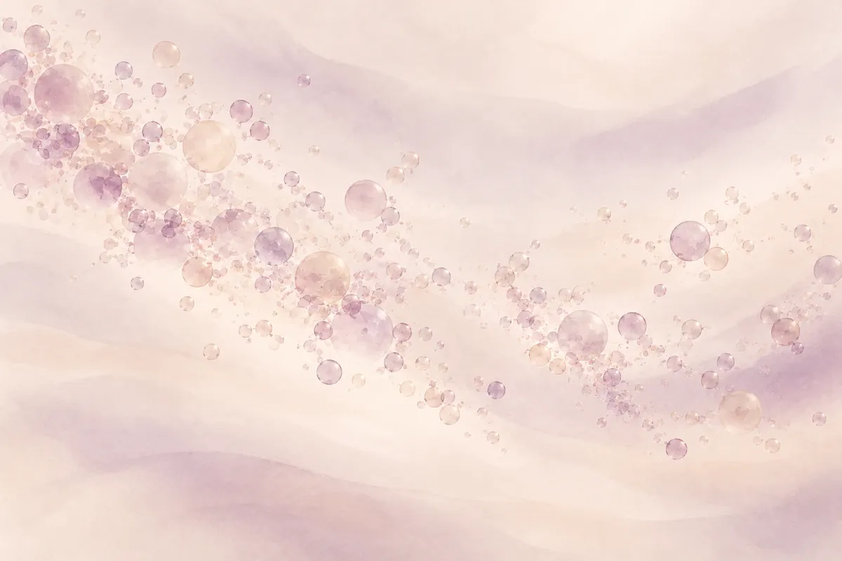 A drifting cloud of tiny translucent bubbles of uneven sizes over a pale surface