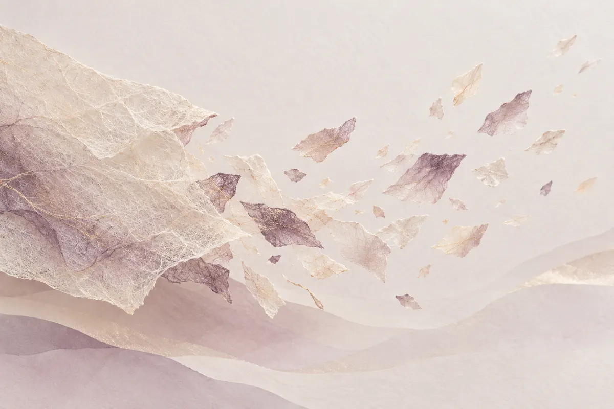 A sheet of fine fibrous mesh breaking into small even flakes scattered across pale paper