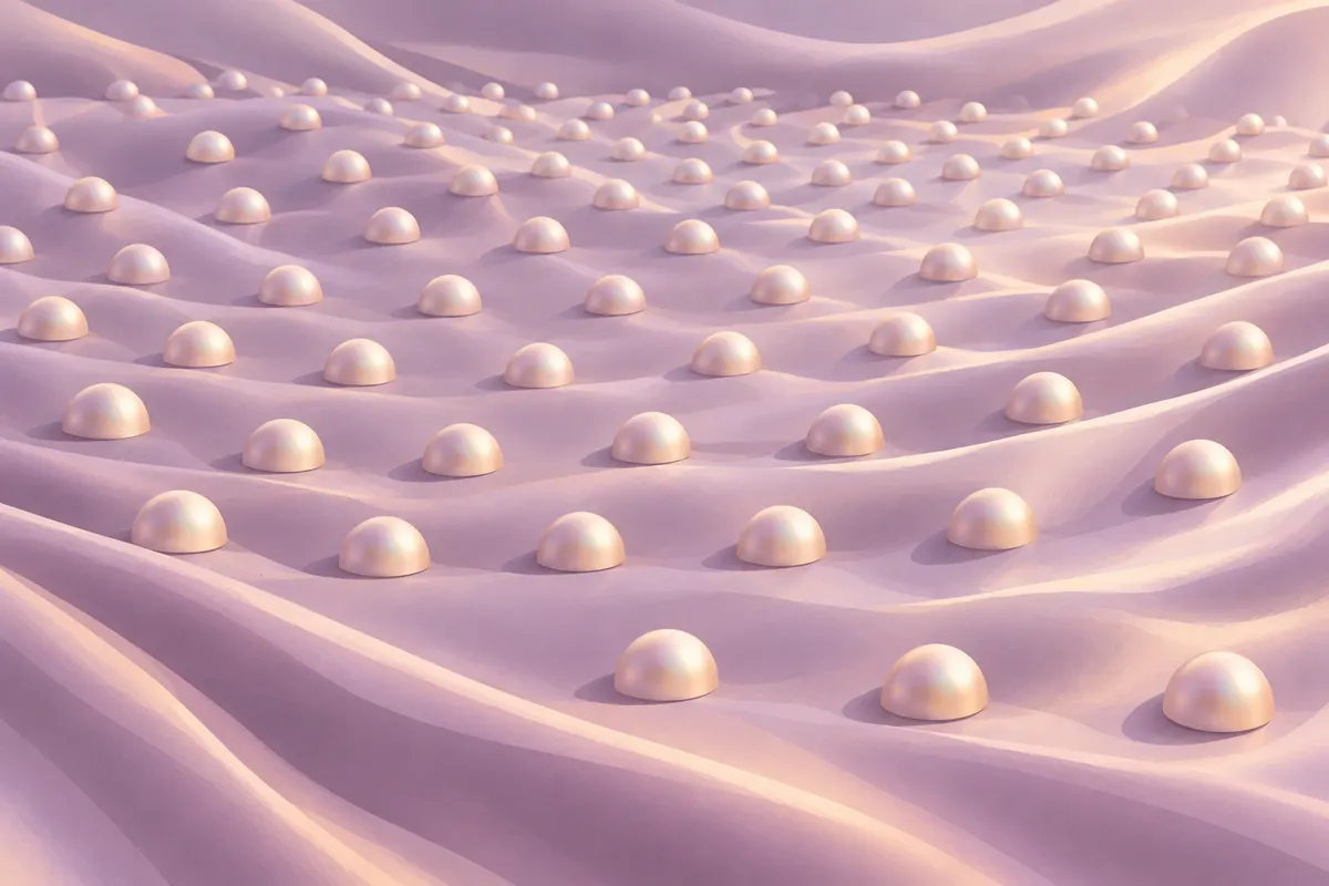 An even grid of small raised pearl domes on a smooth lilac satin surface