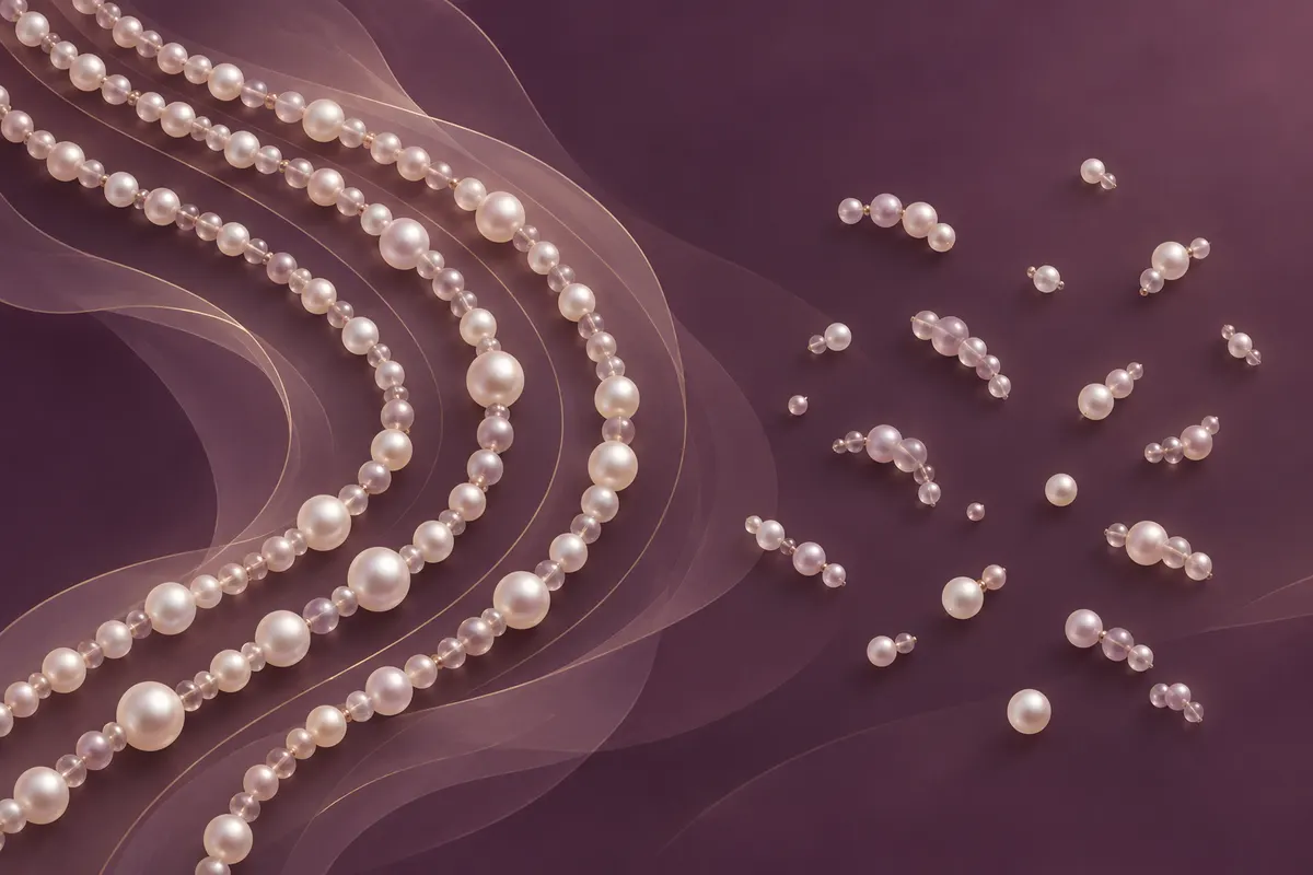 Long pearl strands laid beside short pearl fragments on a deep plum surface