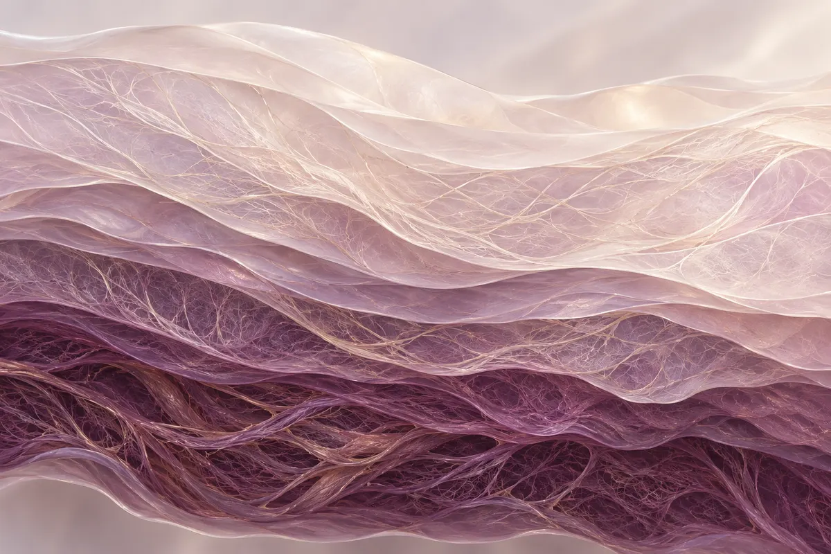 Stacked translucent sheets with fine strands above and denser plum fibres below