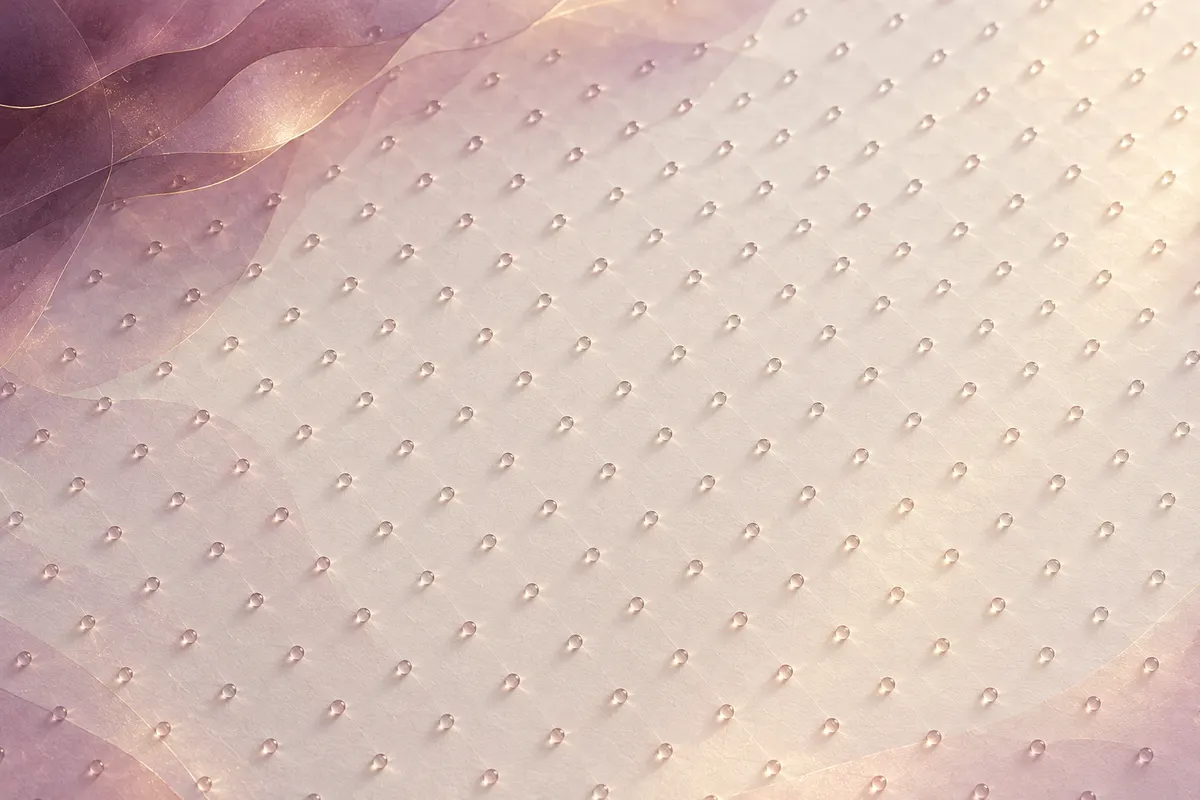 Tiny evenly spaced clear droplets set in a fine lattice across a pale pearl sheet