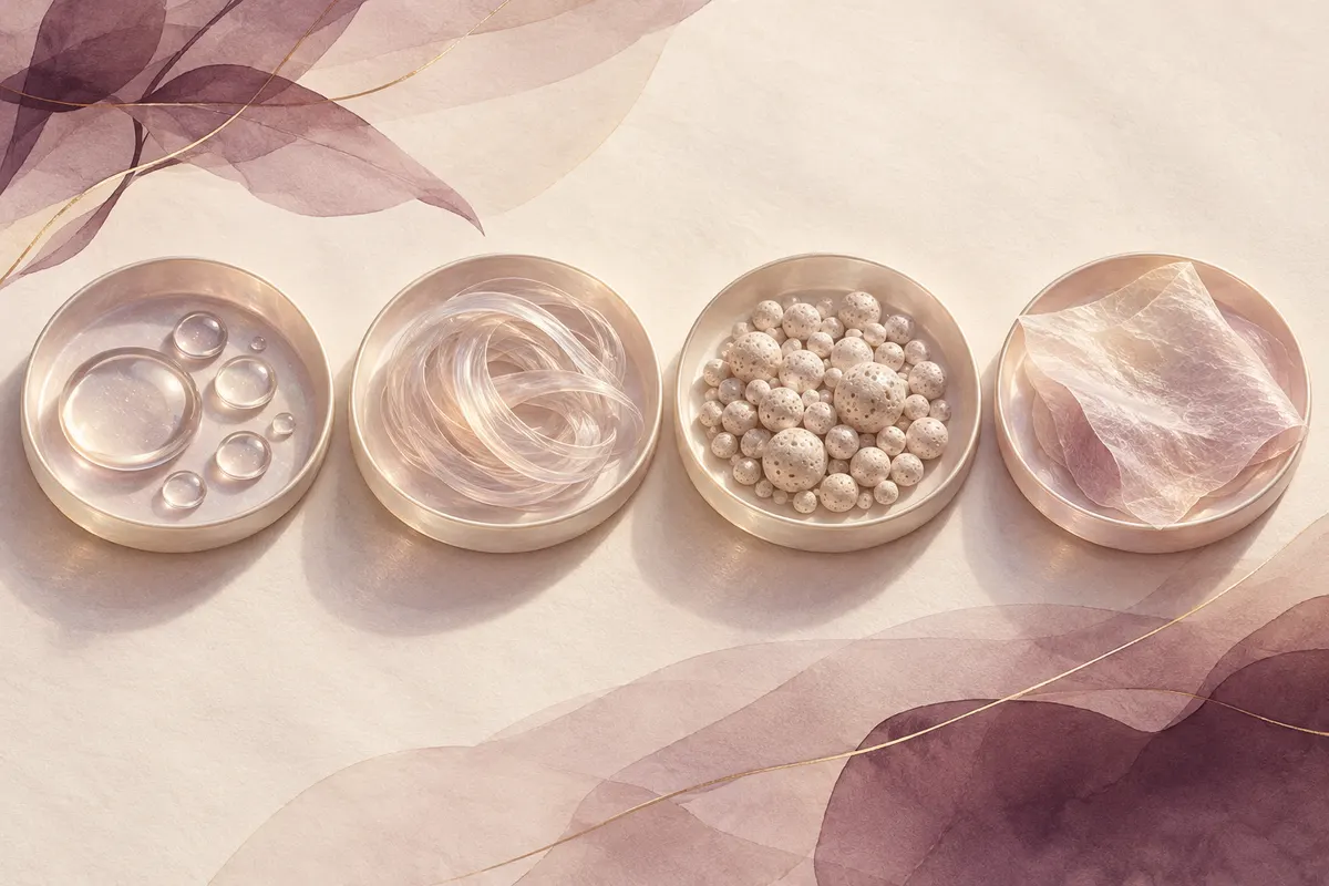Four shallow pearl trays holding clear gel droplets, a coiled strand, tiny porous beads and a soft fibre sheet