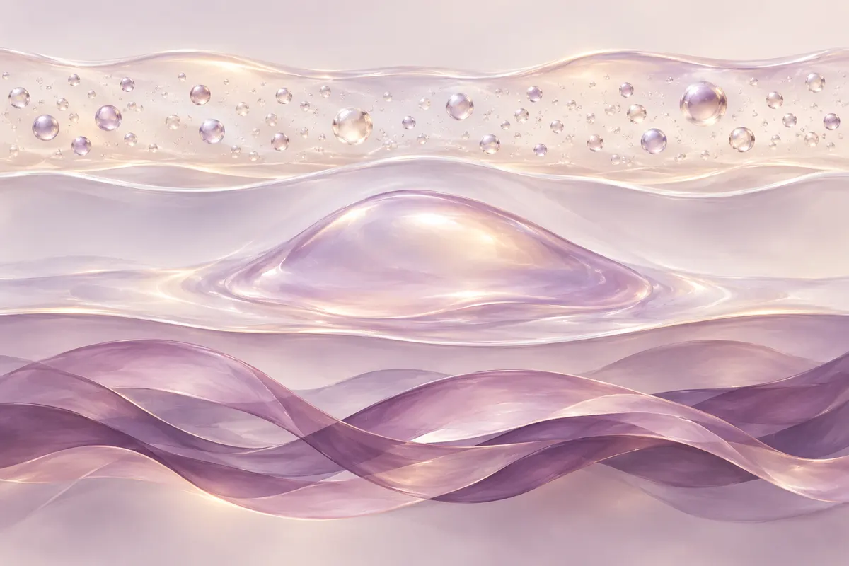 Three stacked translucent layers: fine droplets on top, a rounded gel mound in the middle and relaxed ribbon bands below