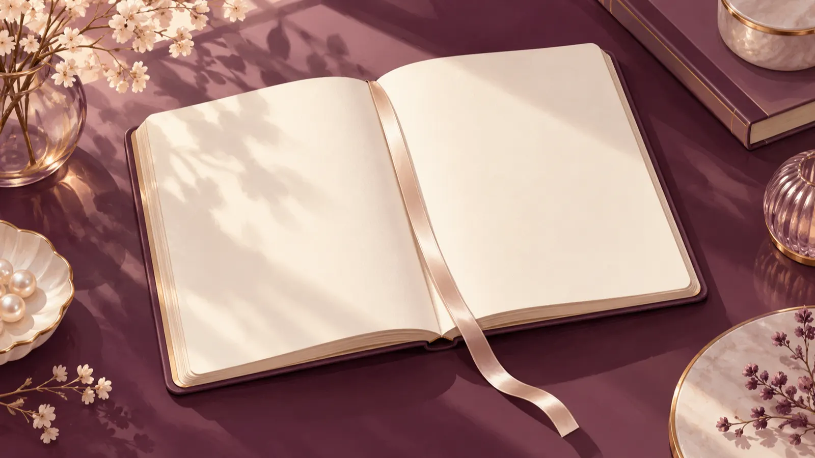 An open notebook with blank pages and a pearl ribbon bookmark on a plum surface