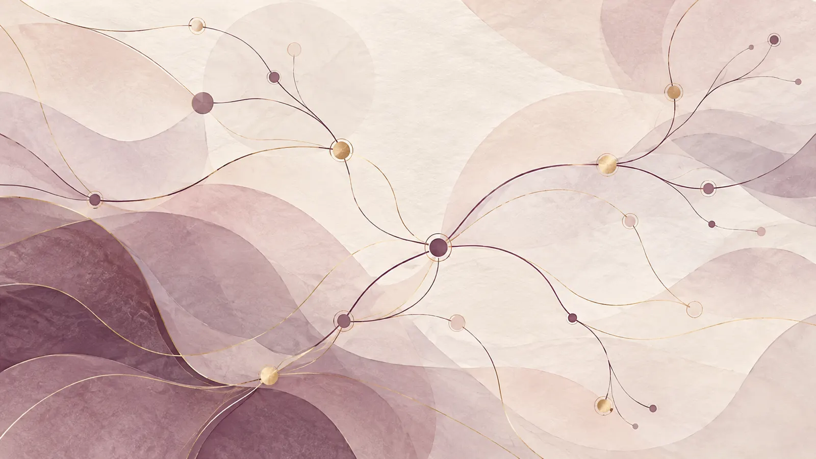 Plum lines branching across pale paper and meeting at small circular markers