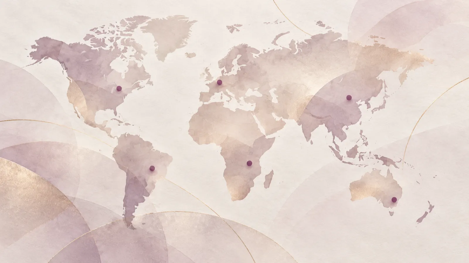 A pale world map with small plum markers on several regions
