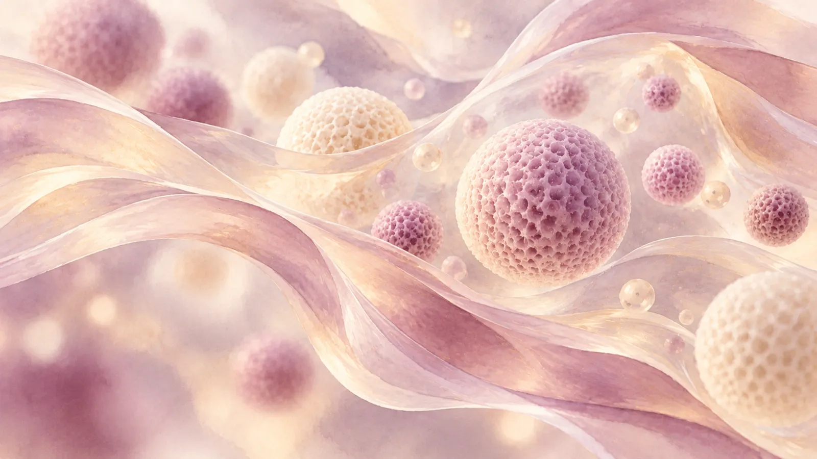 Tiny porous spheres suspended in a clear flowing gel under soft plum light