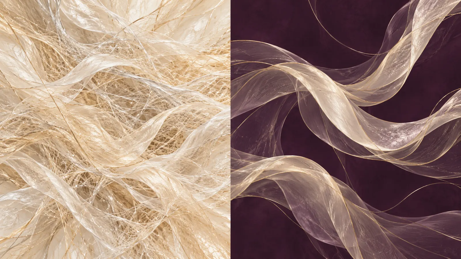 A dense fibrous mesh on the left and loose pearl ribbon strands on plum on the right