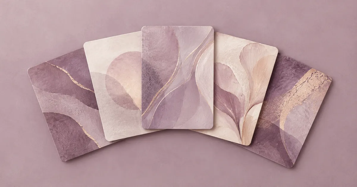 Five small textured tiles fanned out on a pale plum background