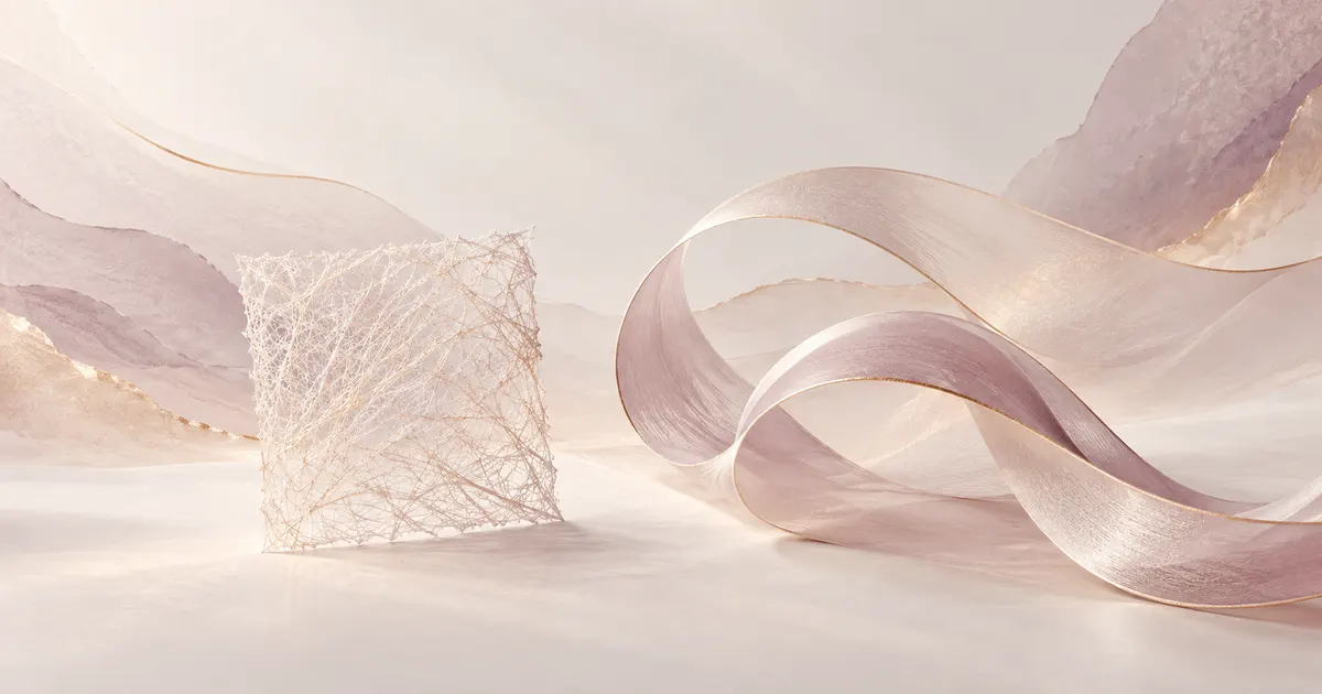 A square of fibrous mesh next to a coiled pearl ribbon