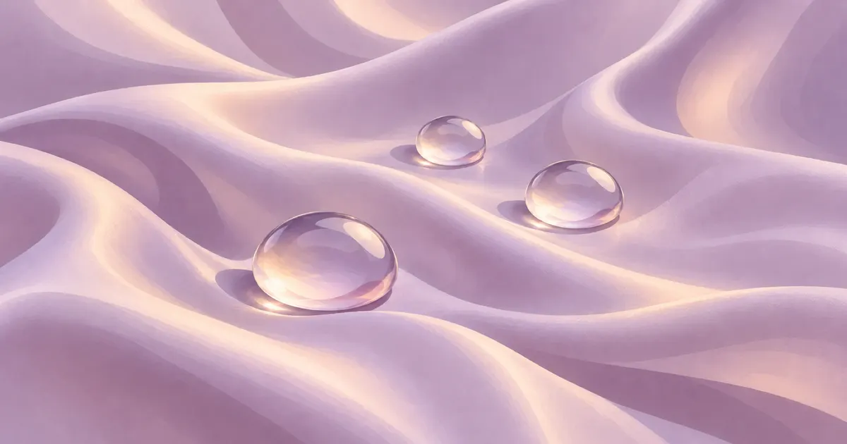 Three clear droplets resting on pale lilac satin