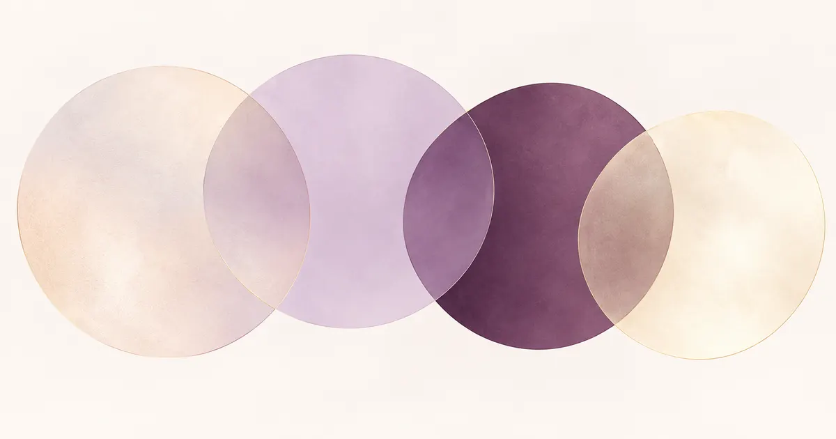 Four overlapping circles in pearl, lilac, plum and ivory tones